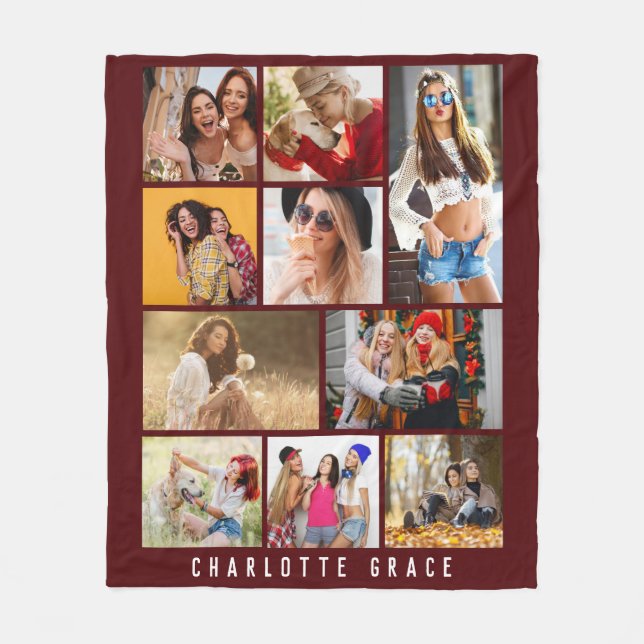 10 Photo Simple Modern Minimal Burgundy Chic Name Fleece Blanket (Front)