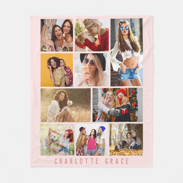 10 Photo Simple Modern Minimal Pink Stylish Name Fleece Blanket (Front)