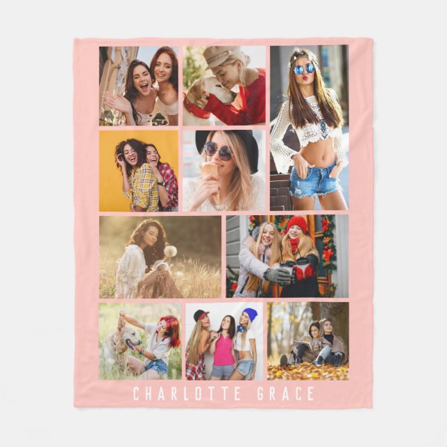 10 Photo Simple Modern Minimal Pink Stylish Name Fleece Blanket (Front)