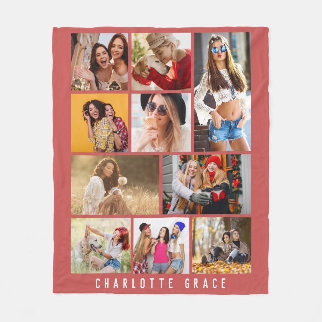 10 Photo Simple Modern Minimal Rose Red Chic Name  Fleece Blanket (Front)