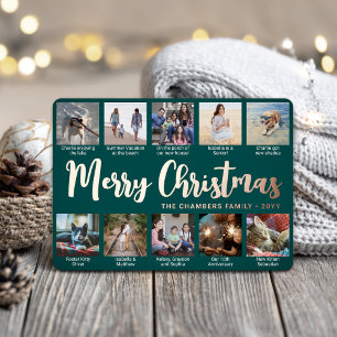 10 Photo Teal Green Merry Christmas Modern Collage Foil Holiday Card