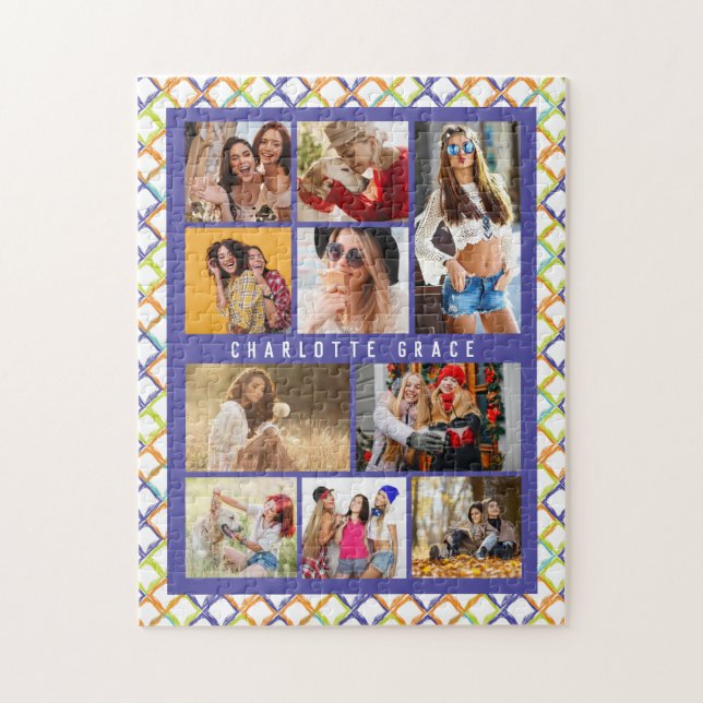 10 Photo Trendy Modern Colourful Geometric Name Jigsaw Puzzle (Vertical)