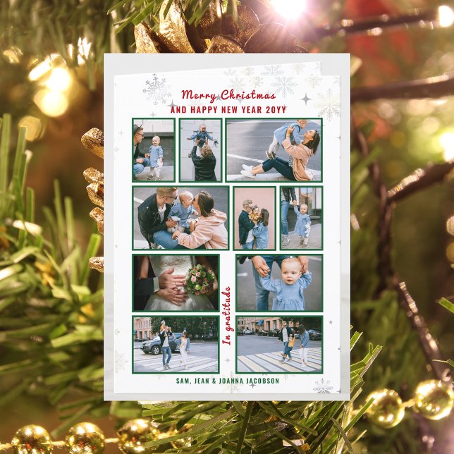 10 Photos Collage Letter Cute Elegant Personalised Holiday Card (Merry Christmas & Happy New Year, In Gratitude Modern Cute 10 Photos Collage What a Year Long Letter)