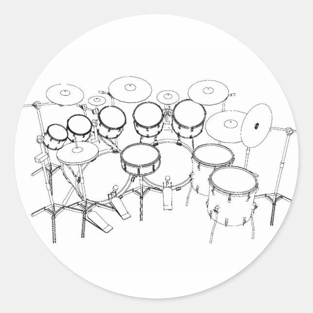 10 Piece Drum Kit: Black & White Drawing: Classic Round Sticker (Front)
