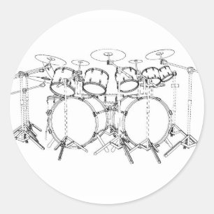 10 Piece Drum Kit: Black & White Drawing: Classic Round Sticker