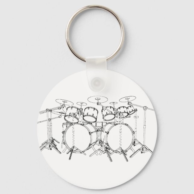 10 Piece Drum Kit: Black & White Drawing: Key Ring (Front)