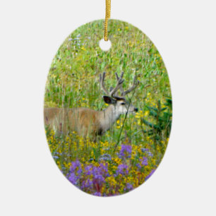 10 Point velvet buck in a field of wildflowers Ceramic Tree Decoration