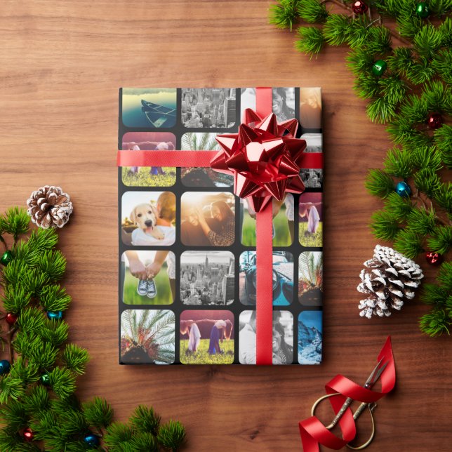 10 Square Photo Grid Template Rounded Black Frame Wrapping Paper (Holiday Gift)