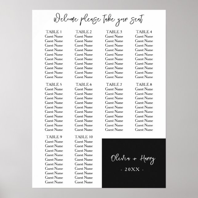 10 Table | Elegant Modern Wedding Seating Chart  (Front)