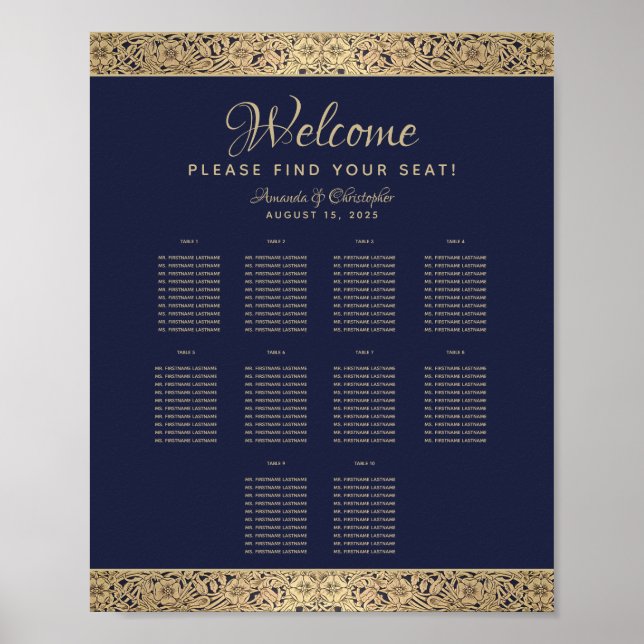 10 Table Navy Blue Wedding Seating Chart Gold Rose (Front)
