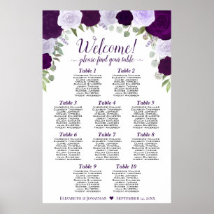 10 Table Purple Boho Roses Vertical Seating Chart