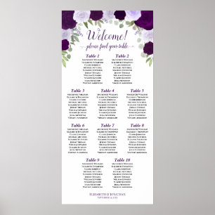 10 Table Purple Boho Roses Vertical Seating Chart