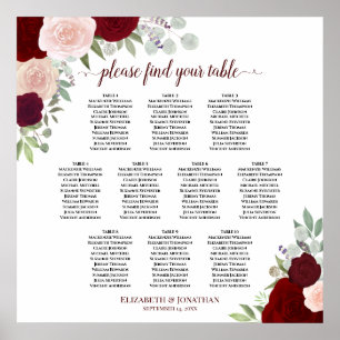 10 Table Red & Pink Roses Wedding Seating Chart