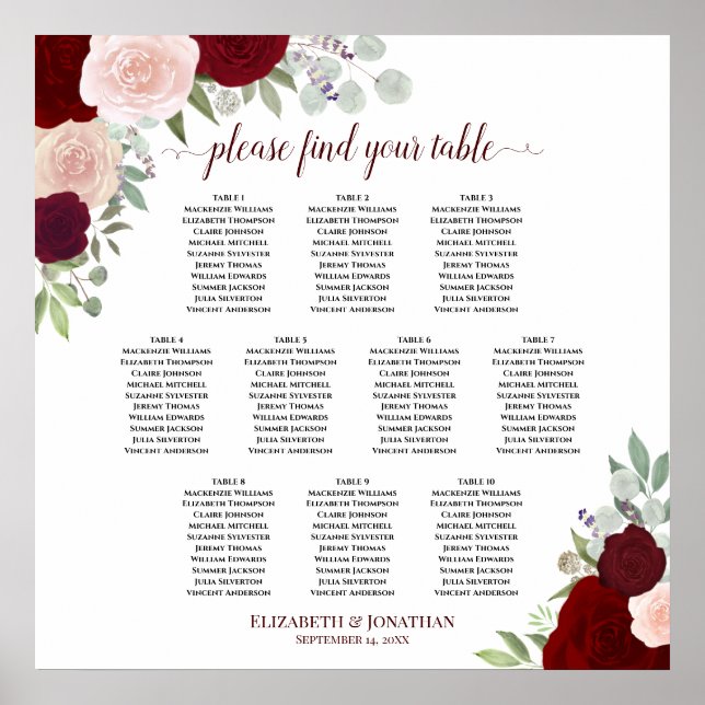10 Table Red & Pink Roses Wedding Seating Chart (Front)