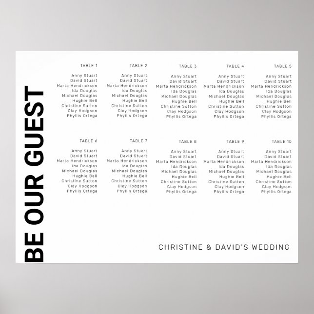 10 table Simple White Wedding seating chart  (Front)