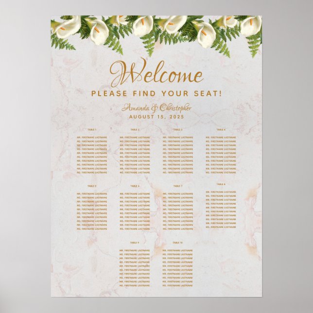 10 Table Wedding Seating Chart Calla Lilies Marble (Front)