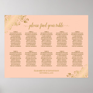 10 Table Wedding Seating Chart Coral Peach & Gold