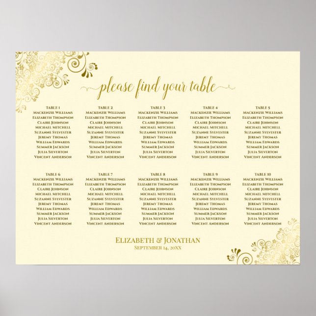 10 Table Wedding Seating Chart Cream & Gold Frills (Front)