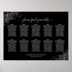 10 Table Wedding Seating Chart Lacy Silver & Black