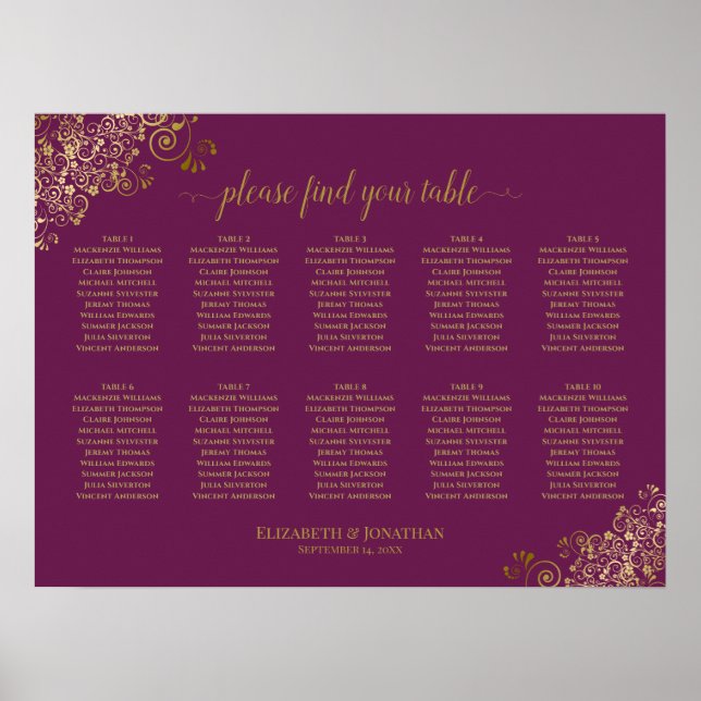 10 Table Wedding Seating Chart Magenta & Gold (Front)