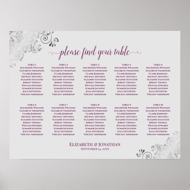 10 Table Wedding Seating Chart Magenta on Gray (Front)