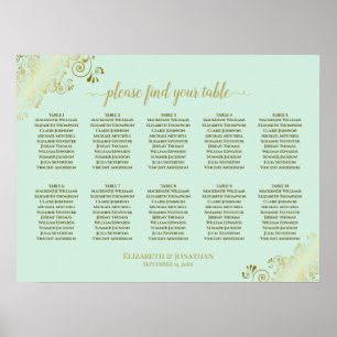 10 Table Wedding Seating Chart Mint Green & Gold