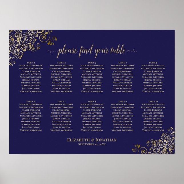 10 Table Wedding Seating Chart Navy Blue Gold Lace (Front)