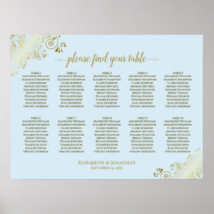 10 Table Wedding Seating Chart Powder Blue & Gold