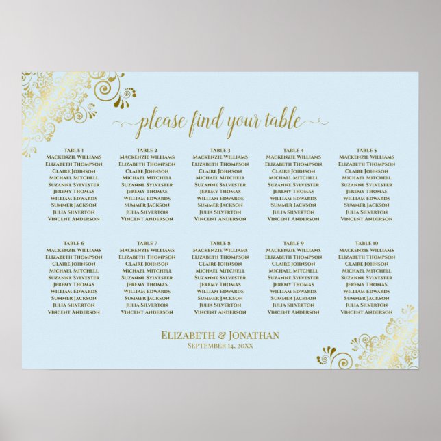 10 Table Wedding Seating Chart Powder Blue & Gold (Front)