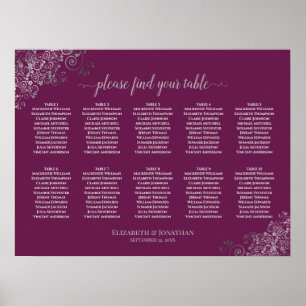10 Table Wedding Seating Chart Silver on Cassis