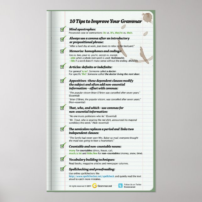 10 Tips to Improve Your Grammar Poster (Front)