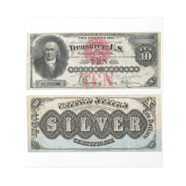 $10 U.S. Banknote Silver Certificate 1878 Notepad (Front)
