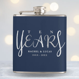 10 Year Anniversary Gift Silver Blue Hip Flask