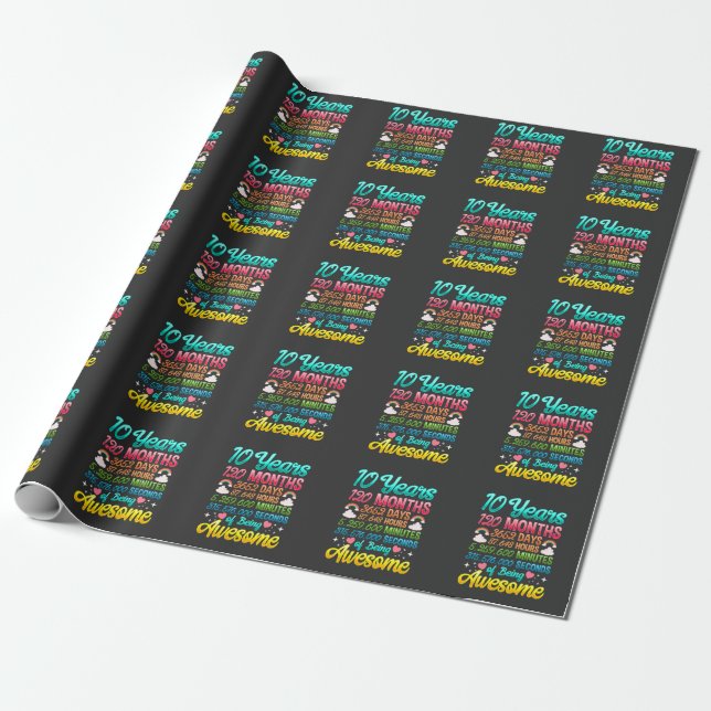 10 Year old 120 Months 10th Birthday Party Rainbow Wrapping Paper (Unrolled)