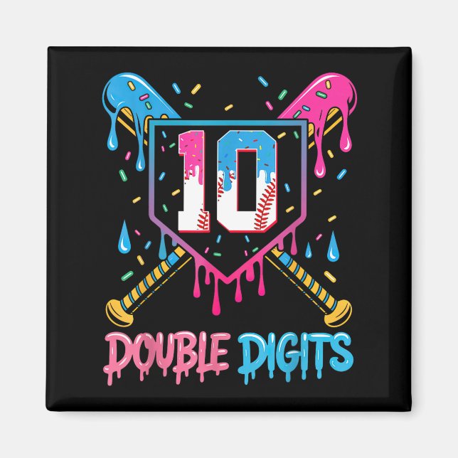 10 Year Old Baseball Drip Ice Cream 10th Bday Doub Magnet (Front)