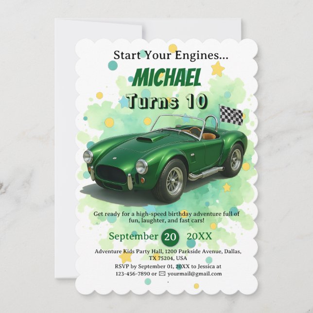 10 Year Old Birthday Party Green Racing Car Invitation (Front)
