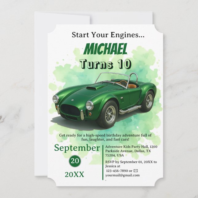 10 Year Old Birthday Party Green Racing Car Invitation (Front)