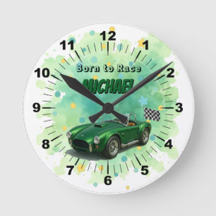 10 Year Old Birthday Party Green Racing Car Round Clock