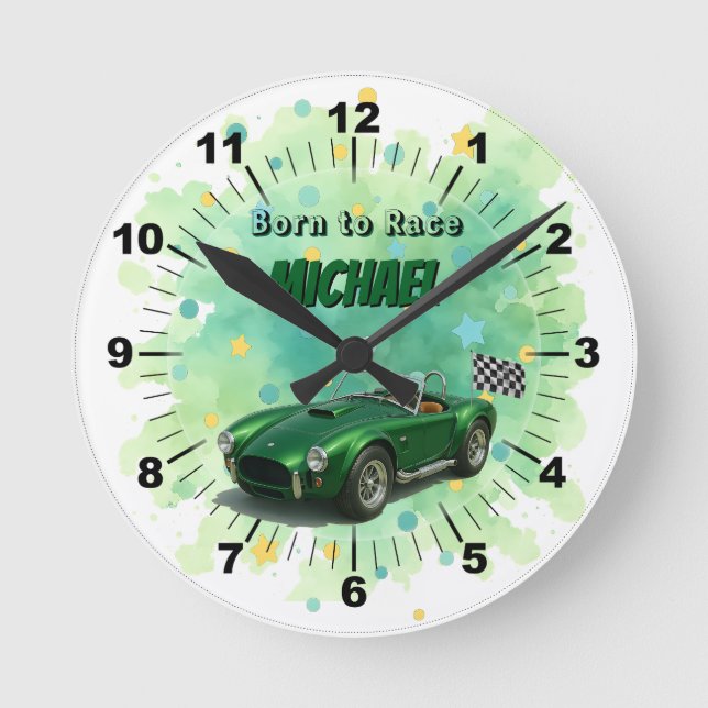 10 Year Old Birthday Party Green Racing Car Round Clock (Front)