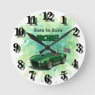 10 Year Old Birthday Party Green Racing Car Round Clock