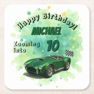 10 Year Old Birthday Party Green Racing Car Square Paper Coaster