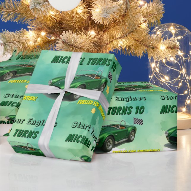 10 Year Old Birthday Party Green Racing Car Wrapping Paper (Holidays)