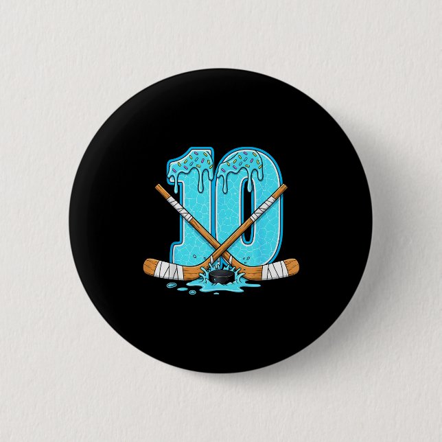10 Year Old Hockey Ice Cream Drip Youth 10th Birth 6 Cm Round Badge (Front)