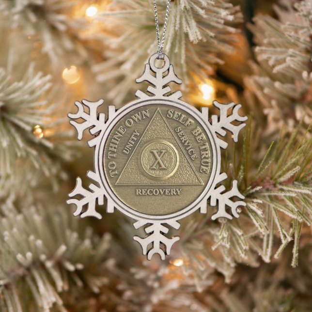 10 Year Sober Anniversary Medallion Snowflake Pewter Christmas Ornament (Tree)
