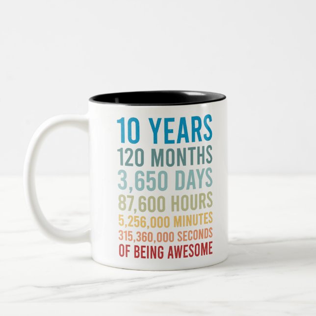 10 Years 120 Months 3650 Days Being Awesome Birth Two-Tone Coffee Mug (Left)