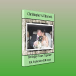 10 years anniversary photo faux wood grey green canvas print<br><div class="desc">Premium Wrapped Canvas
10th wedding anniversary gift.
Add names,  established date and a photo.
10 happy years together (tin)
Rustic faux wood background.
Grey,  green and white.</div>