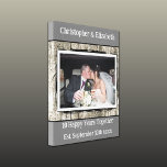 10 years anniversary photo faux wood white grey canvas print<br><div class="desc">Premium Wrapped Canvas
10th wedding anniversary gift.
Add names,  established date and a photo.
10 happy years together (tin)
Rustic faux wood background.
Grey and white.</div>