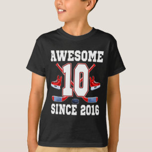 10 Years Awesome Since 2016 Hockey Theme Birthday T-Shirt