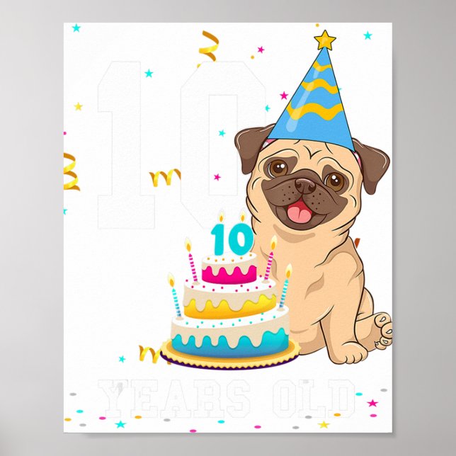 10 Years Old Birthday Pug Dog Lover Party Kids Boy Poster (Front)