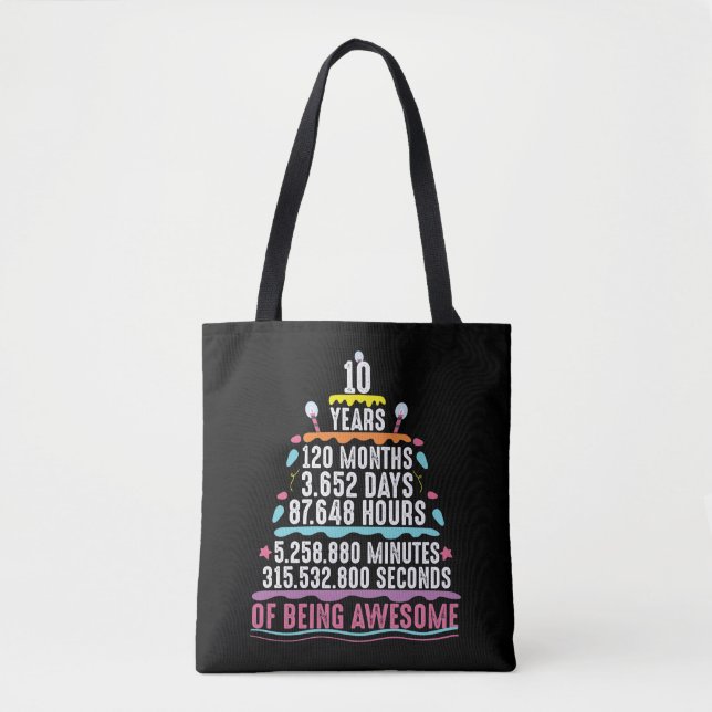 10 Years Old Cake 10th Birthday Minutes Tote Bag (Front)
